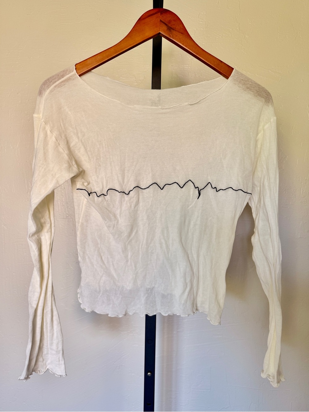 Baserange White Long Sleeve Tee with Black Embroidered Line - Large
